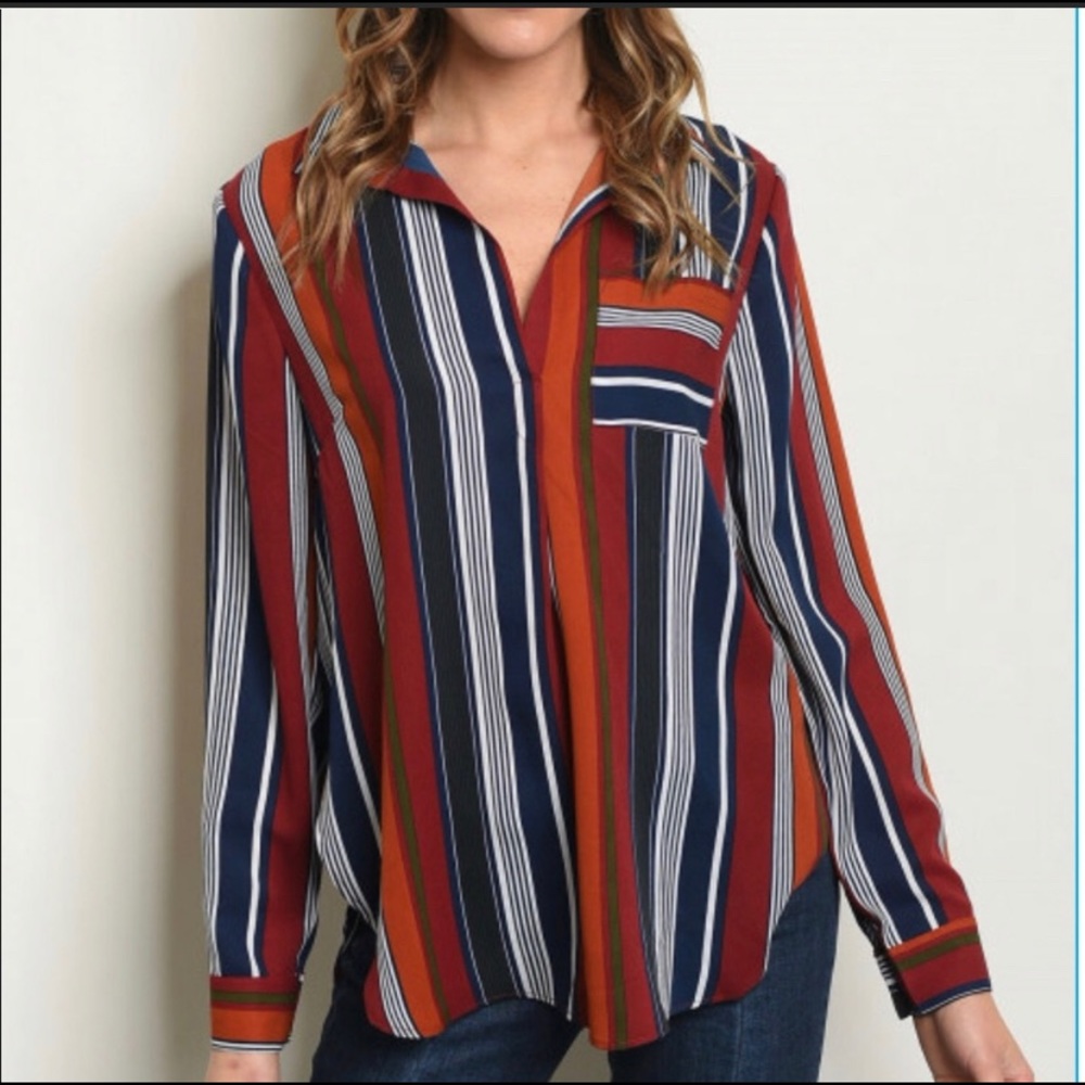 Red Long Sleeved Navy/White Stripe Collared Blouse